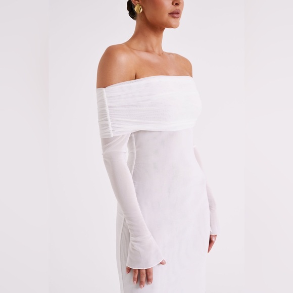 Meshki Josie Off Shoulder Mesh Maxi Dress Small in Ivory Wedding Bridal - Picture 4 of 13